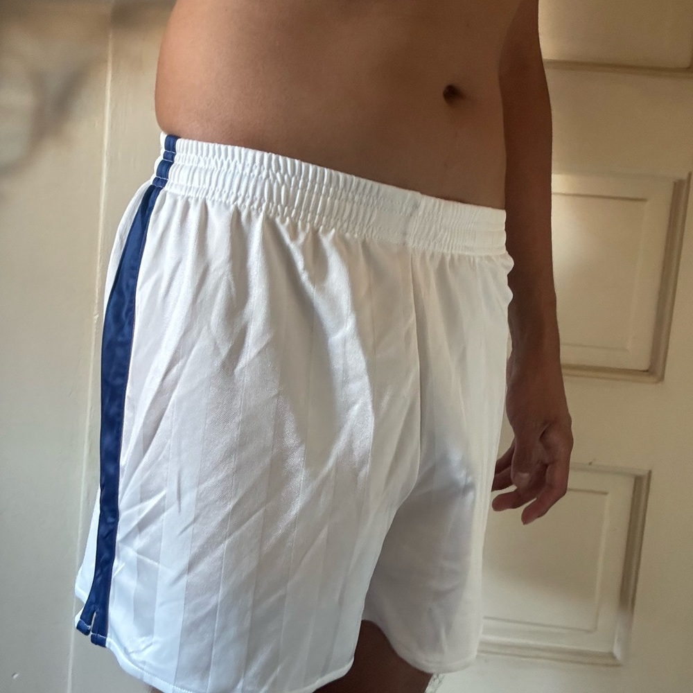 Men's White Athletic Shorts with Blue Stripe